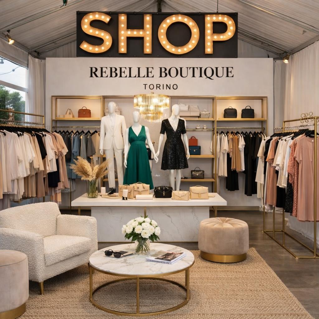 Fashion boutique interior with mannequins, handbags, and clothing racks