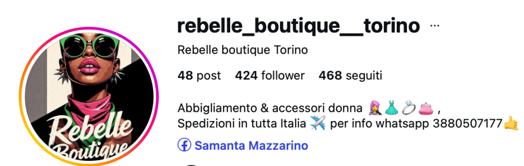 Profilo Instagram della Rebelle Boutique di Torino, con focus su abbigliamento e accessori donna.