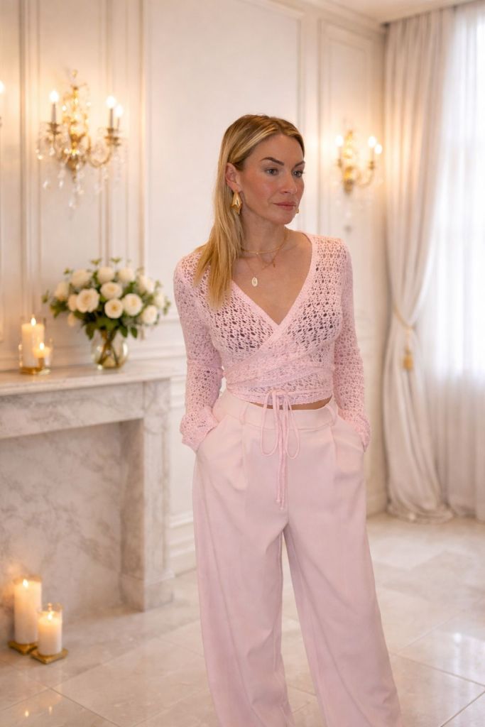 Donna in piazza con un top rosa e pantaloni larghi, in un ambiente elegante con decorazioni floreali e candele.