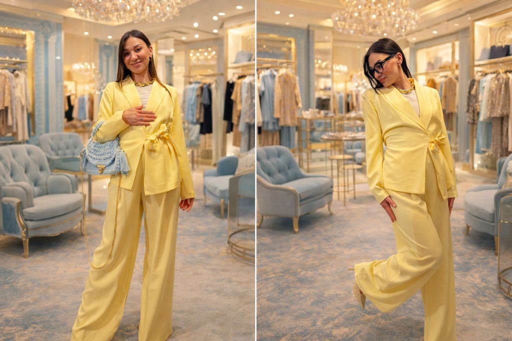 Donna sorridente in un completo giallo con una borsa azzurra, all'interno di un negozio di moda elegante.