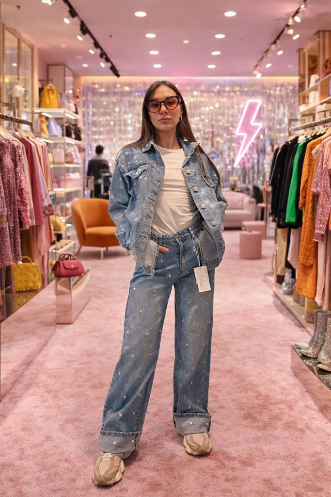 Donna con occhiali da sole e giacca di jeans, in un negozio di moda con pareti decorate e illuminazione brillante.