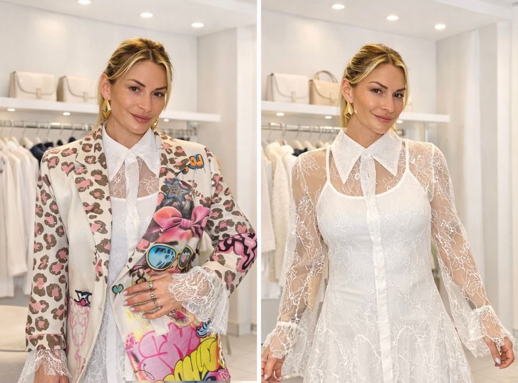 Modella che indossa un blazer colorato con disegni graffiti a sinistra e un abito bianco con maniche in pizzo a destra, in un negozio di moda.